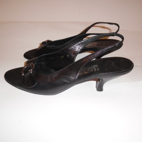 Salvatore Ferragamo Black Leather Kitten Heels Buckle Gancini Sandals Shoes - Picture 6 of 15